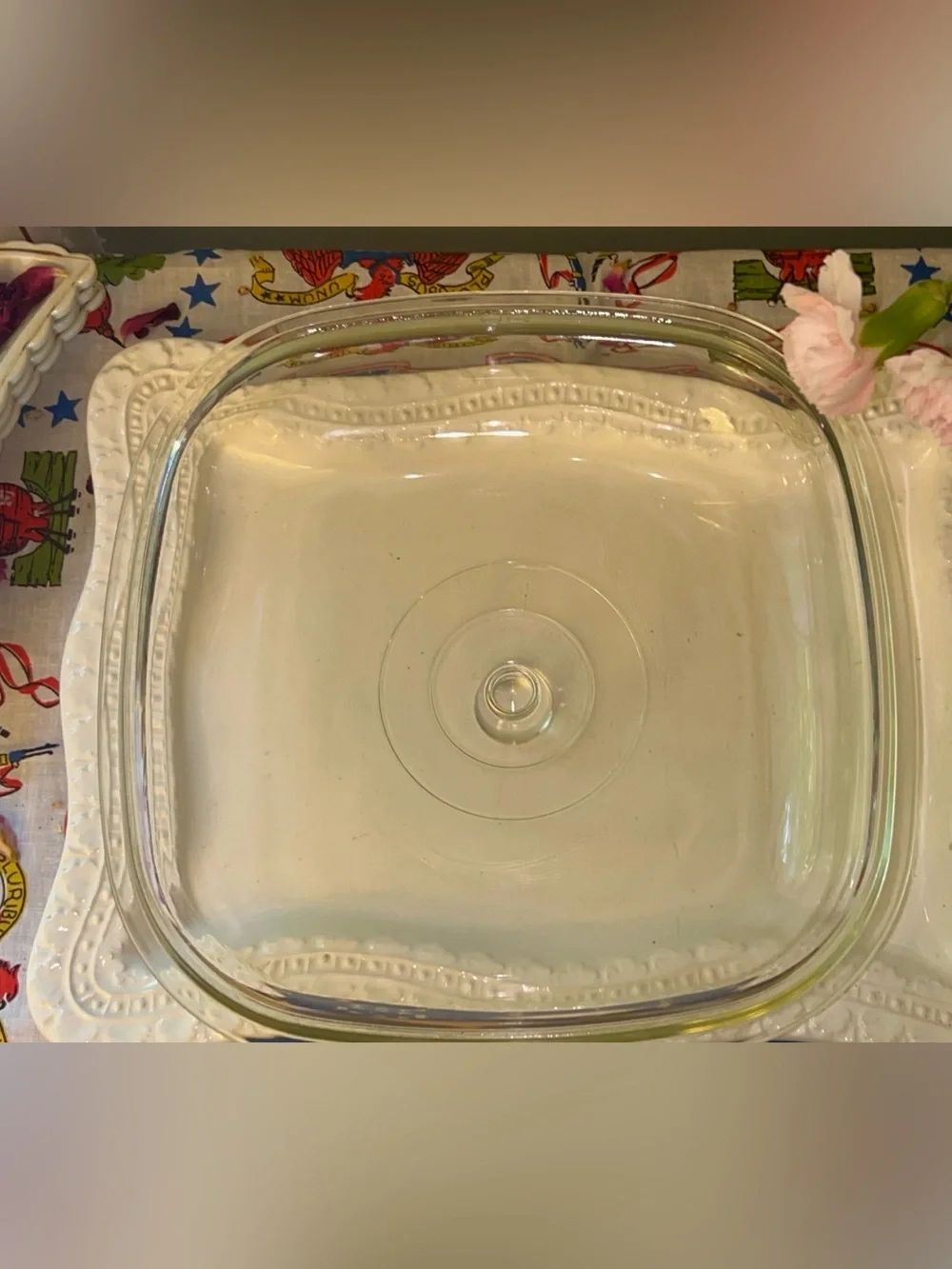 Vintage Corning Ware clear glass lid for a square casserole dish marked A-12-C